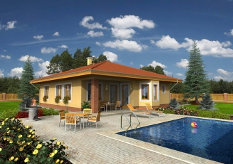 Family house with a hip roof and curved dining room.